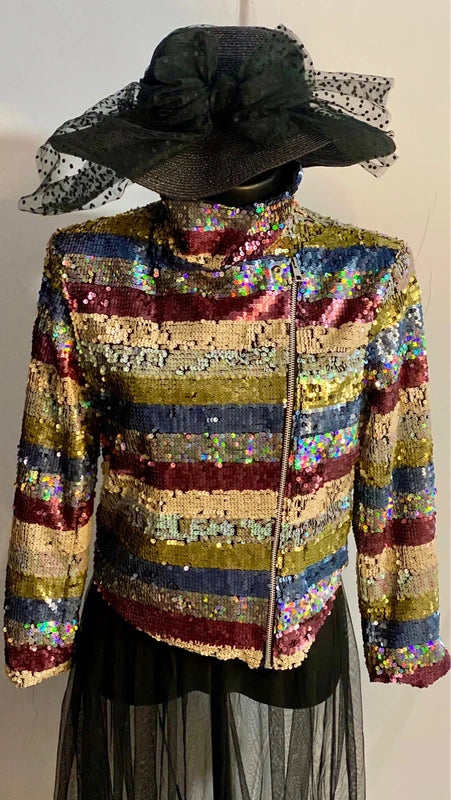 Chiodo Giacca Blazer Elegante Con Paillettes & Gonna Lunga In Tulle Misure nelle Foto