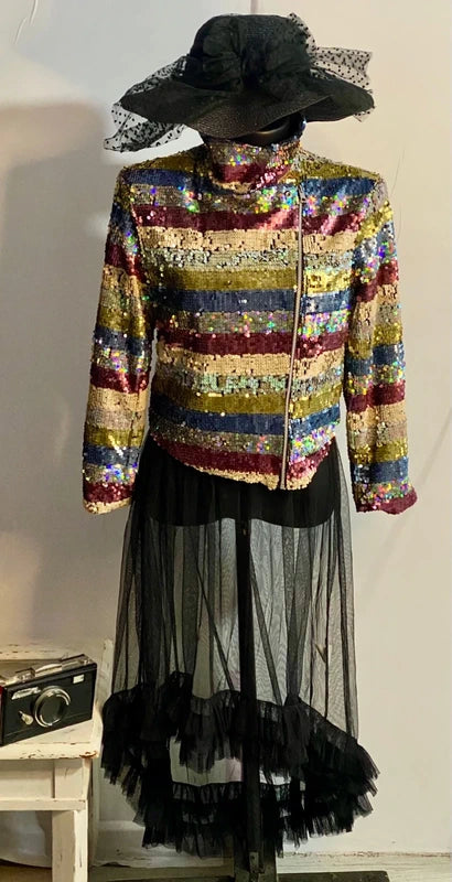 Chiodo Giacca Blazer Elegante Con Paillettes & Gonna Lunga In Tulle Misure nelle Foto