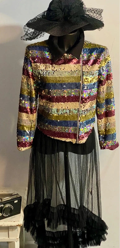 Chiodo Giacca Blazer Elegante Con Paillettes & Gonna Lunga In Tulle Misure nelle Foto