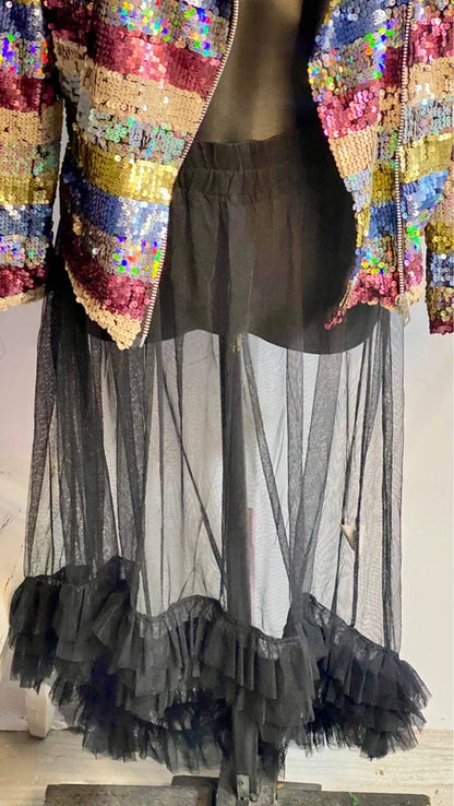 Chiodo Giacca Blazer Elegante Con Paillettes & Gonna Lunga In Tulle Misure nelle Foto