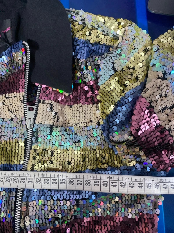 Chiodo Giacca Blazer Elegante Con Paillettes & Gonna Lunga In Tulle Misure nelle Foto