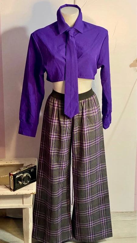 💜 Pantalone a gamba ampia glitterato In Tartan Camicia Top con Cravatta misure nelle foto💜