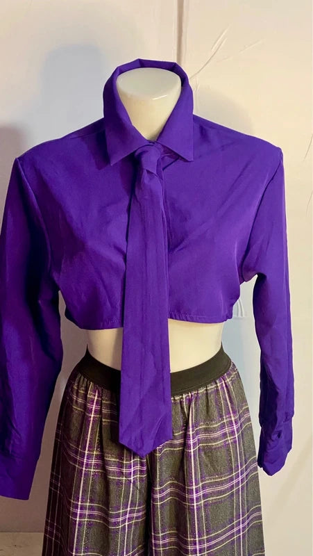 💜 Pantalone a gamba ampia glitterato In Tartan Camicia Top con Cravatta misure nelle foto💜