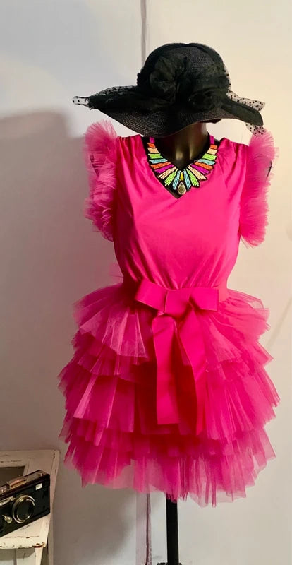 Abito in tulle fucsia con fiocco in vita dalla S alla 46