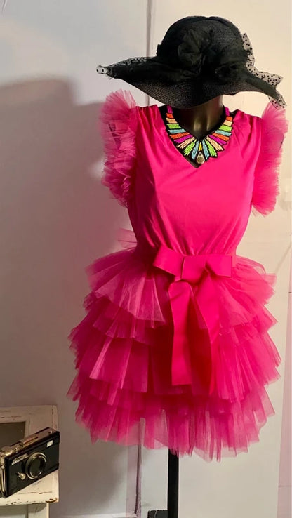 Abito in tulle fucsia con fiocco in vita dalla S alla 46