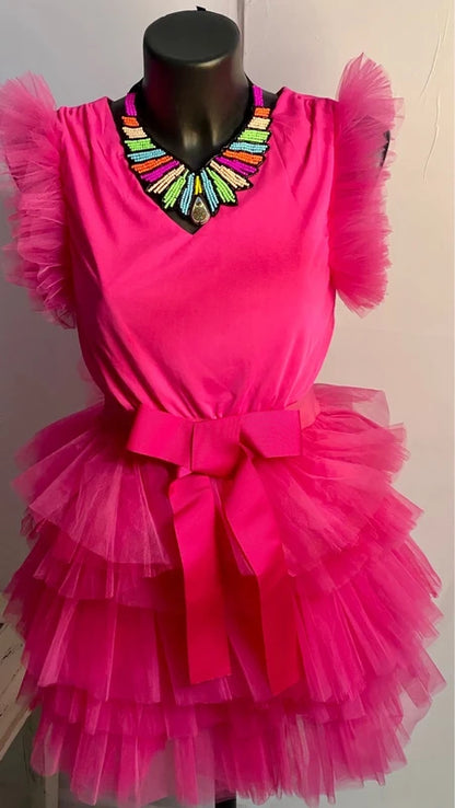 Abito in tulle fucsia con fiocco in vita dalla S alla 46