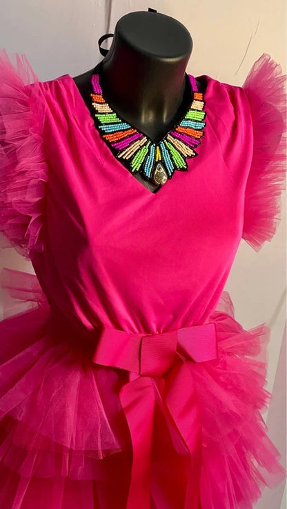 Abito in tulle fucsia con fiocco in vita dalla S alla 46