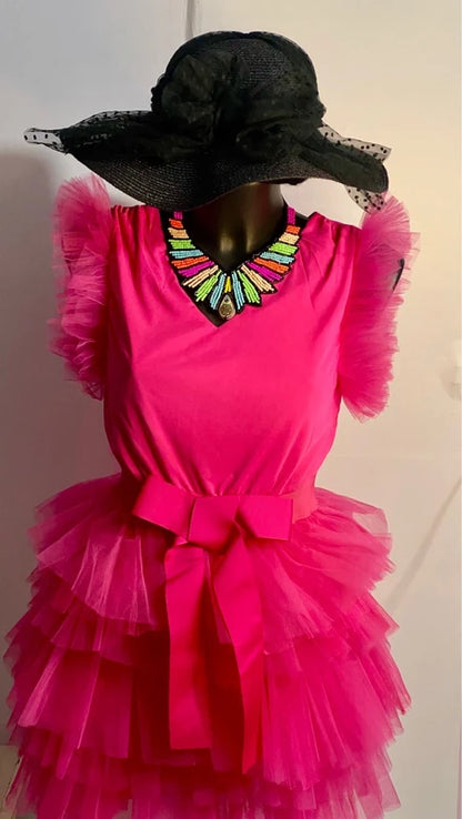 Abito in tulle fucsia con fiocco in vita dalla S alla 46