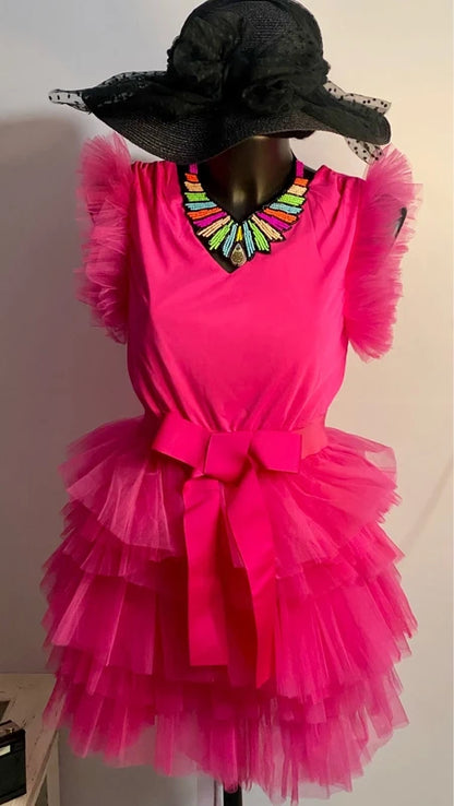 Abito in tulle fucsia con fiocco in vita dalla S alla 46