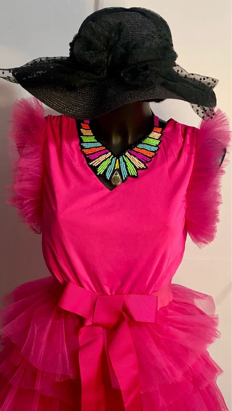 Abito in tulle fucsia con fiocco in vita dalla S alla 46