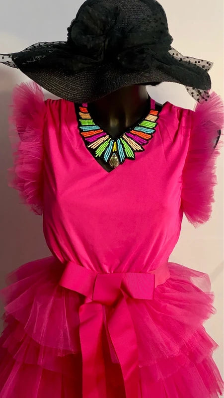 Abito in tulle fucsia con fiocco in vita dalla S alla 46