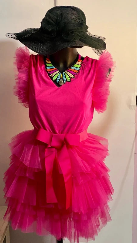 Abito in tulle fucsia con fiocco in vita dalla S alla 46