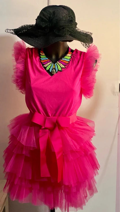 Abito in tulle fucsia con fiocco in vita dalla S alla 46