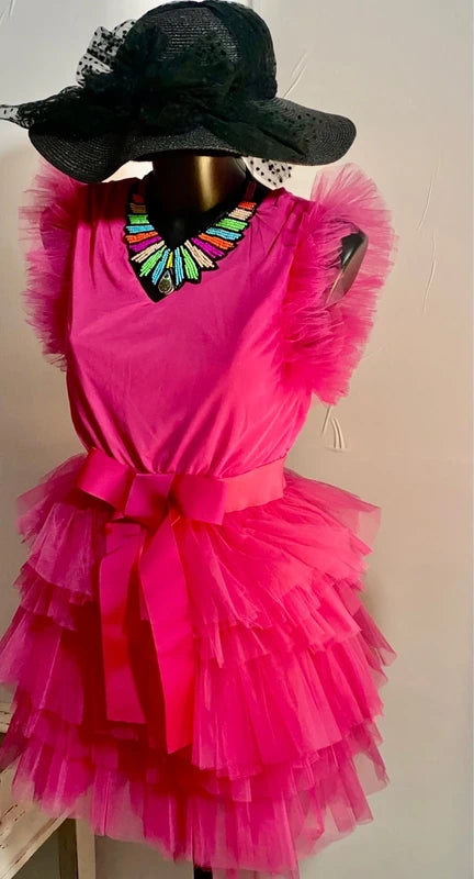 Abito in tulle fucsia con fiocco in vita dalla S alla 46