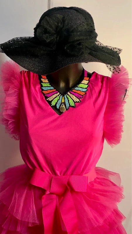 Abito in tulle fucsia con fiocco in vita dalla S alla 46