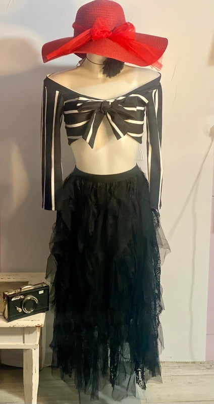 Gonna Lunga Cascata Di Pizzo Floreale E Tulle Top In Regalo