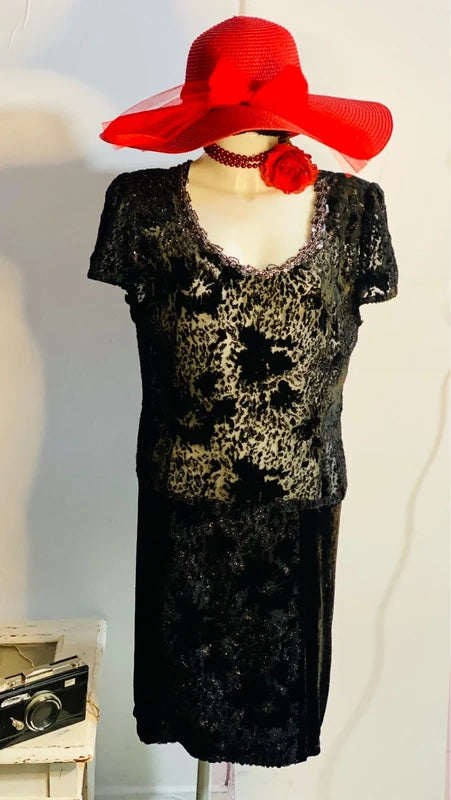 Favoloso Abito Vintage anni ‘80 con schizzi di velluto astratti e Paillettes Misure Nelle Foto