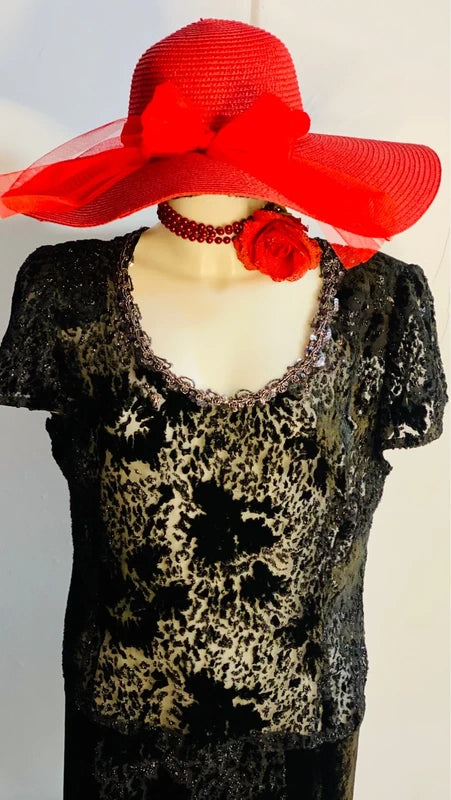 Favoloso Abito Vintage anni ‘80 con schizzi di velluto astratti e Paillettes Misure Nelle Foto