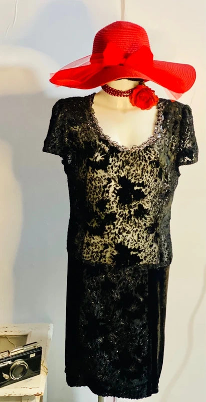 Favoloso Abito Vintage anni ‘80 con schizzi di velluto astratti e Paillettes Misure Nelle Foto