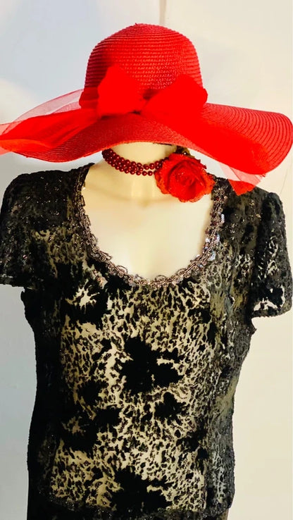 Favoloso Abito Vintage anni ‘80 con schizzi di velluto astratti e Paillettes Misure Nelle Foto