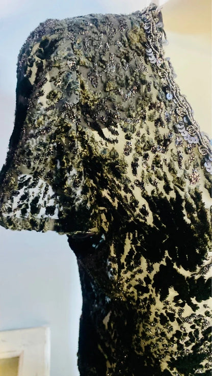 Favoloso Abito Vintage anni ‘80 con schizzi di velluto astratti e Paillettes Misure Nelle Foto