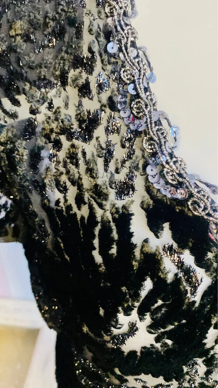 Favoloso Abito Vintage anni ‘80 con schizzi di velluto astratti e Paillettes Misure Nelle Foto