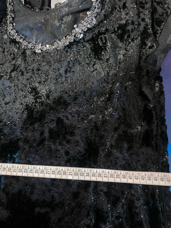 Favoloso Abito Vintage anni ‘80 con schizzi di velluto astratti e Paillettes Misure Nelle Foto