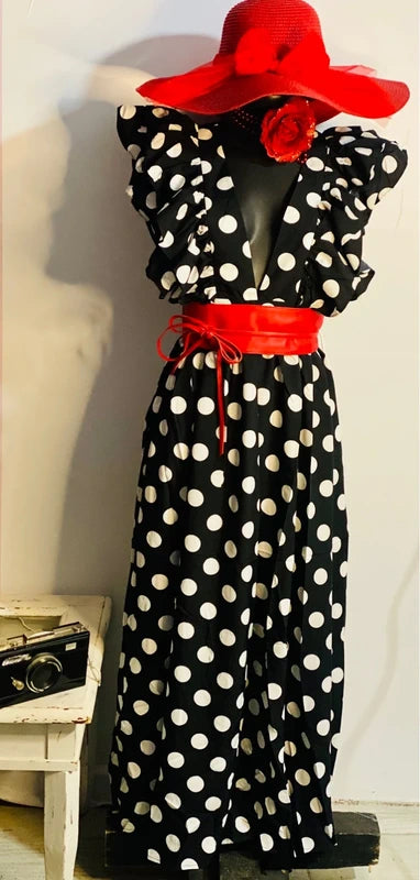 Favoloso Abito lungo a pois bianco e nero con balze Misure Nelle Foto