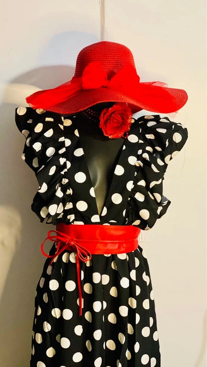 Favoloso Abito lungo a pois bianco e nero con balze Misure Nelle Foto