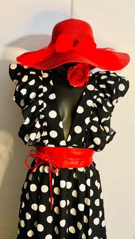 Favoloso Abito lungo a pois bianco e nero con balze Misure Nelle Foto