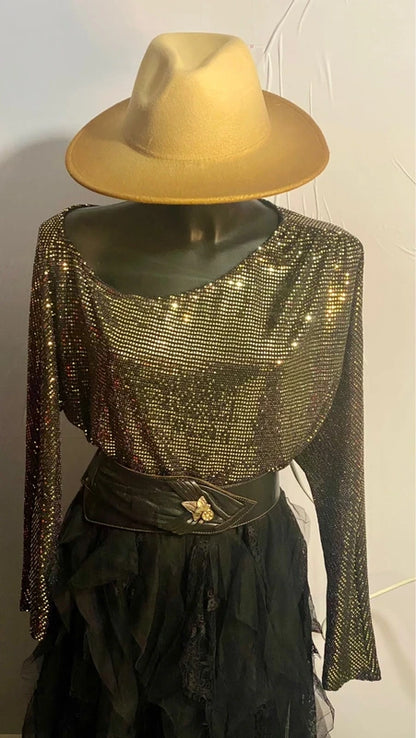 Blusa Effetto Metallico Con Paillettes & Gonna Lunga Pizzo e Tulle