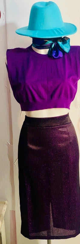 Gonna a Tubino Longuette Glitterata &Top Foulard in Regalo Misure In Foto