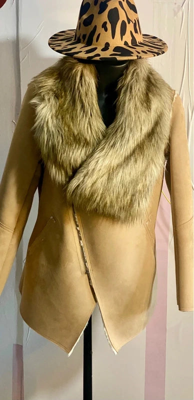 Montone cappotto in shearling con collo in pelliccia sintetica fissa Cappello In Regalo Misure in Foto