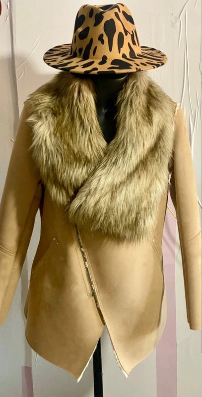 Montone cappotto in shearling con collo in pelliccia sintetica fissa Cappello In Regalo Misure in Foto