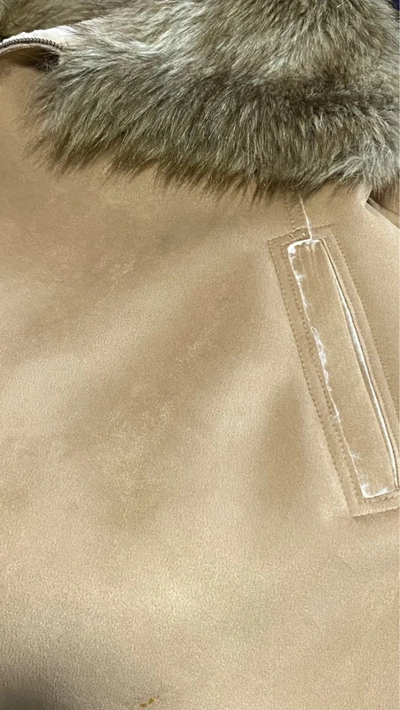 Montone cappotto in shearling con collo in pelliccia sintetica fissa Cappello In Regalo Misure in Foto