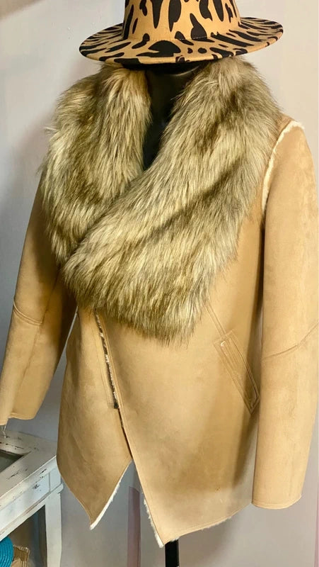 Montone cappotto in shearling con collo in pelliccia sintetica fissa Cappello In Regalo Misure in Foto