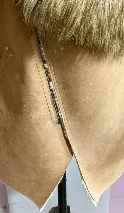 Montone cappotto in shearling con collo in pelliccia sintetica fissa Cappello In Regalo Misure in Foto