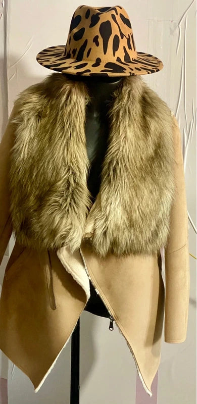 Montone cappotto in shearling con collo in pelliccia sintetica fissa Cappello In Regalo Misure in Foto
