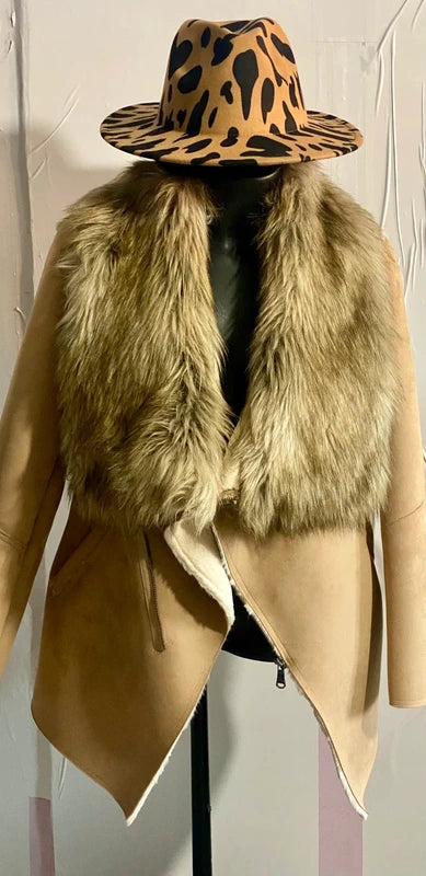 Montone cappotto in shearling con collo in pelliccia sintetica fissa Cappello In Regalo Misure in Foto