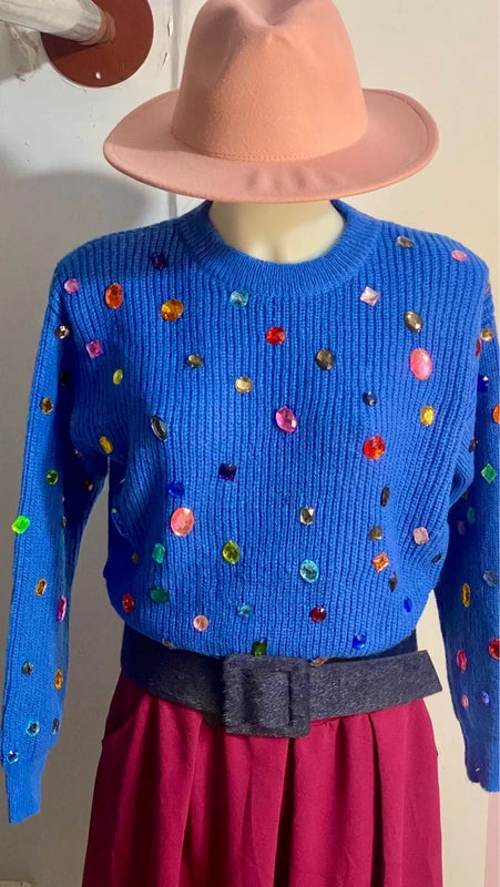 Maglione di lana con pietre decorative & Gonna Longuette Misure in Foto