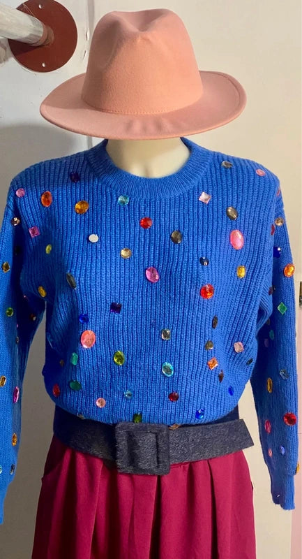 Maglione di lana con pietre decorative & Gonna Longuette Misure in Foto