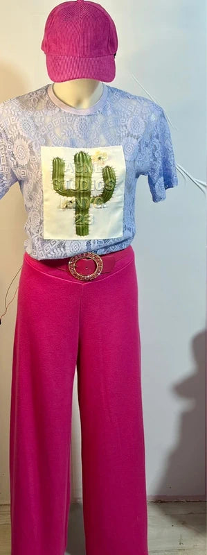 Pantalone a vita alta in Viscosa Top In Pizzo Berretto Cappello in Regalo Misure In Foto