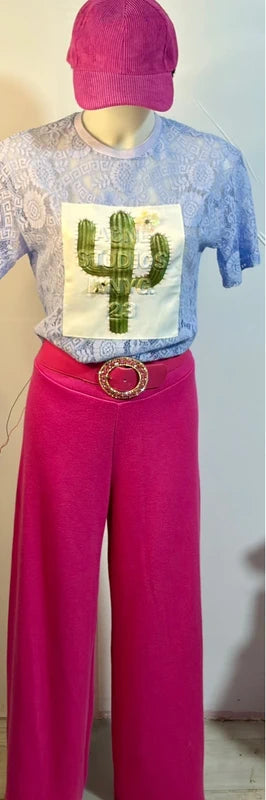 Pantalone a vita alta in Viscosa Top In Pizzo Berretto Cappello in Regalo Misure In Foto