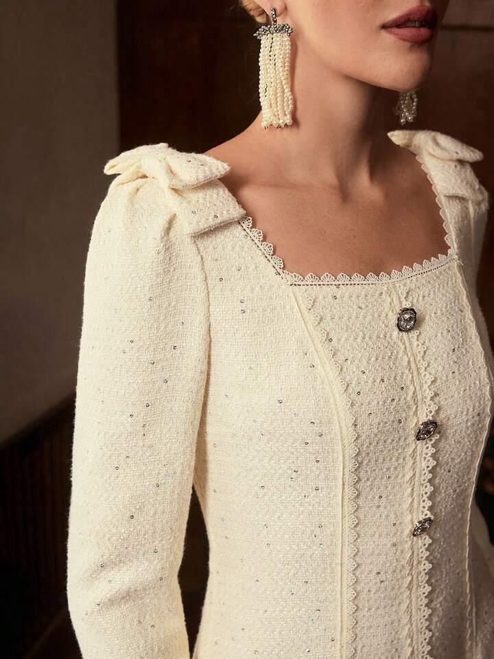 Abito Midi Bouclé,Vintage Anni ‘60,In Pizzo Con Paillettes A Sirena Misure In Foto