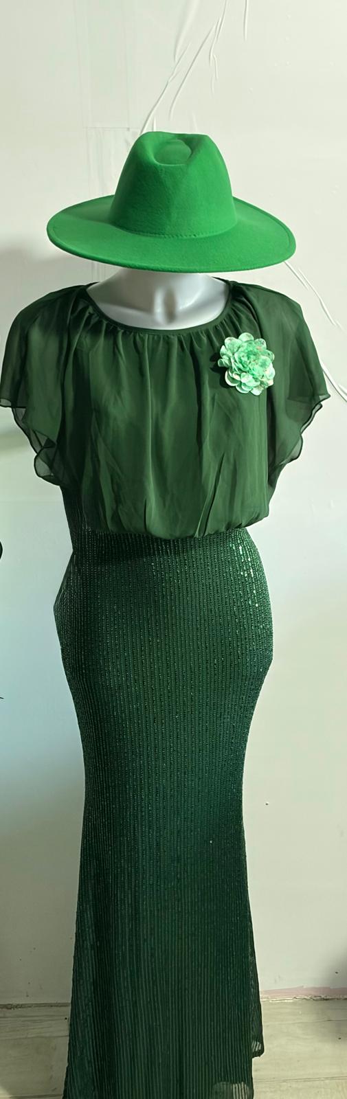 Abito Elegante Da Sera Con Paillettes A Contrasto Con Spilla decorativa & Cappello