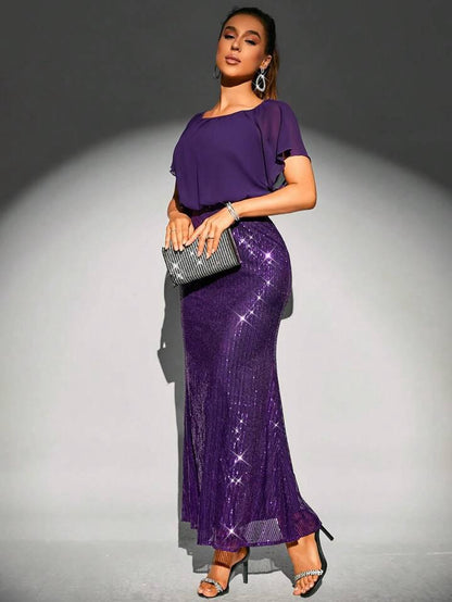 Abito Elegante Da Sera Con Paillettes A Contrasto Con Spilla decorativa & Cappello