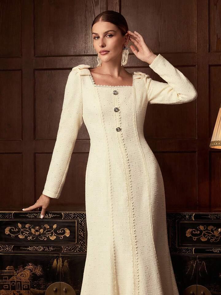 Abito Midi Bouclé,Vintage Anni ‘60,In Pizzo Con Paillettes A Sirena Misure In Foto