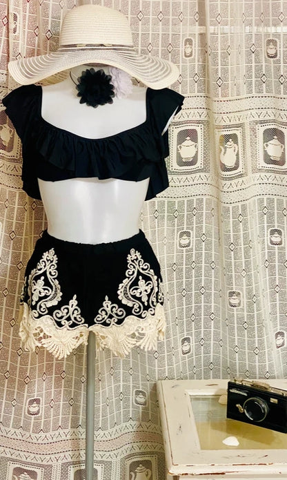 Black bikini with embroidered shorts