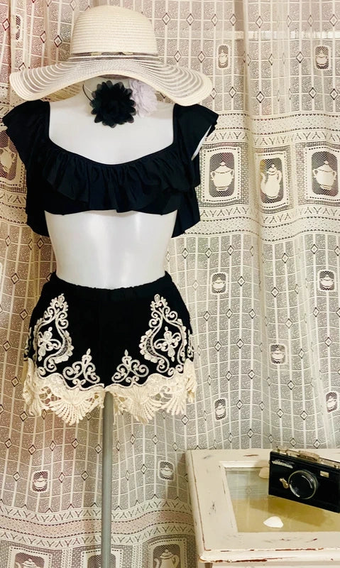 Black bikini with embroidered shorts