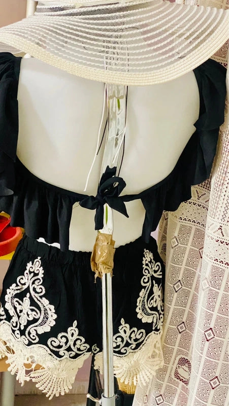 Black bikini with embroidered shorts